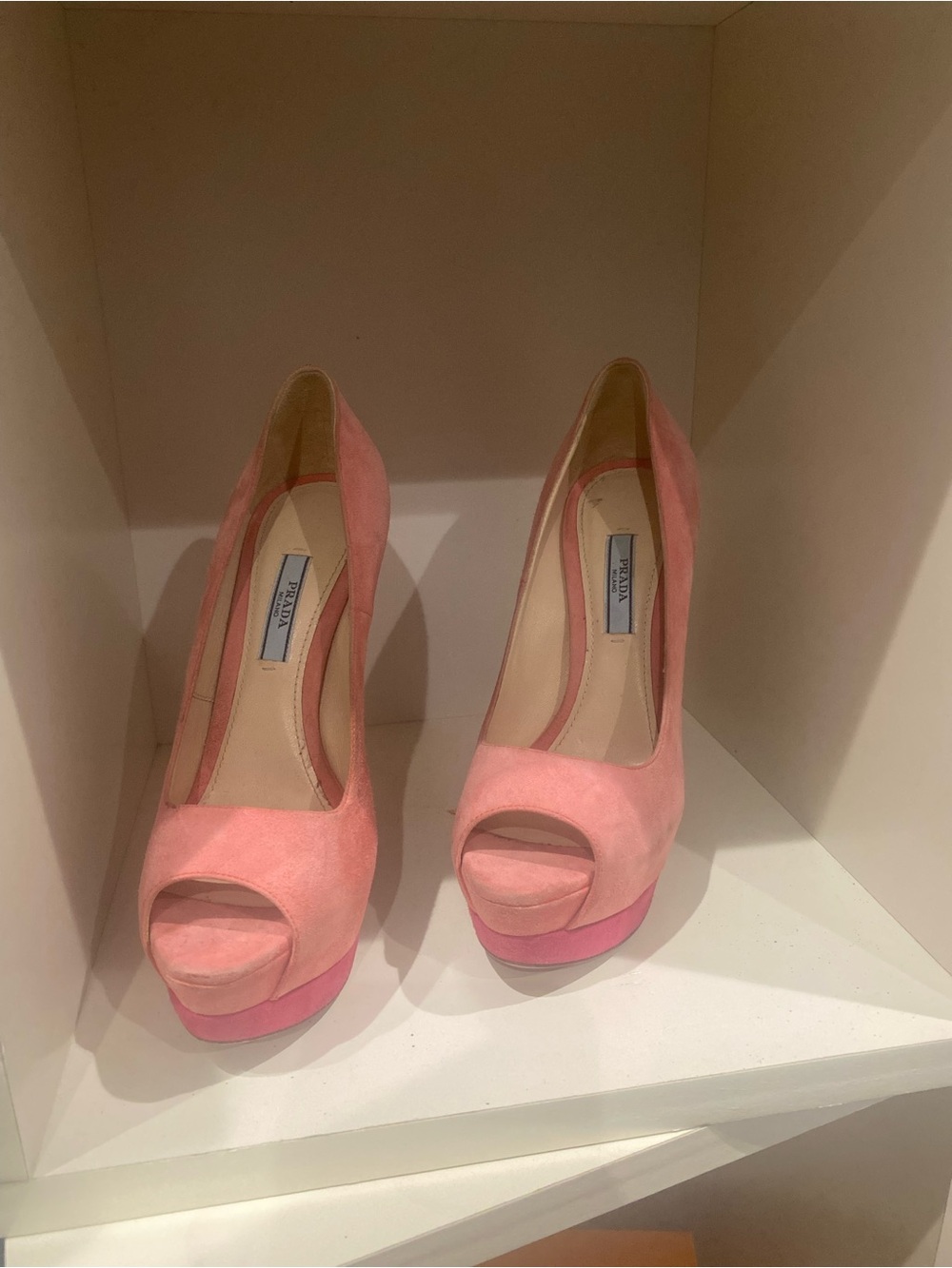 Prada Pink Suede Peep-Toe Platform Pumps - Picture 2 of 3
